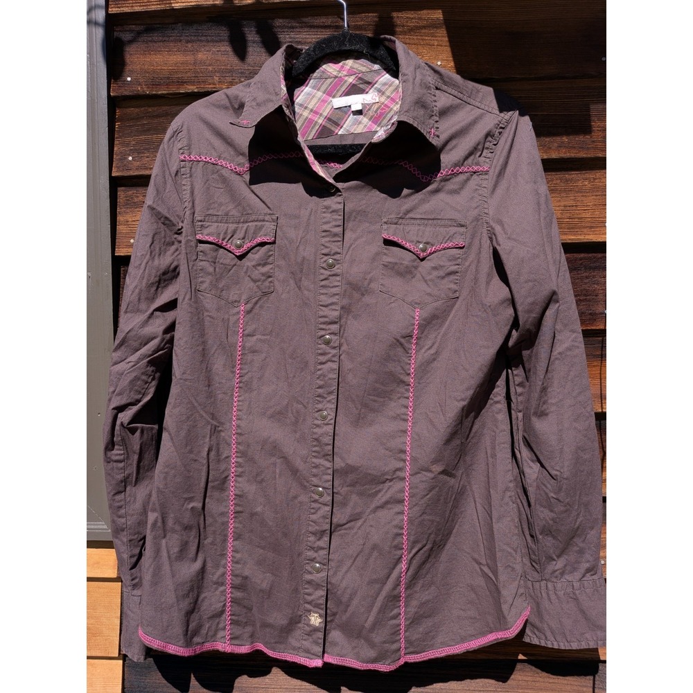 Tin Haul Western Rodeo Cotton Plaid L/S Pearlsnap Shirt Size Large Pink Brown